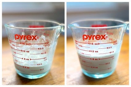 Sourdough starter in a glass measuring cup: one shot beofre it's risen, the second shot 8 hours later after it's doubled in size.