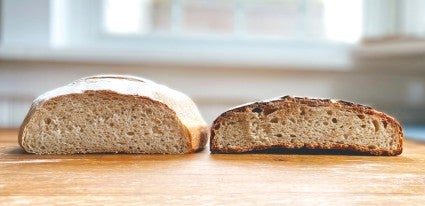 Two loaves of Naturally Leavened Sourdough Bread side by side showing cross sections, one spiked with commercial yeast for a higher rise