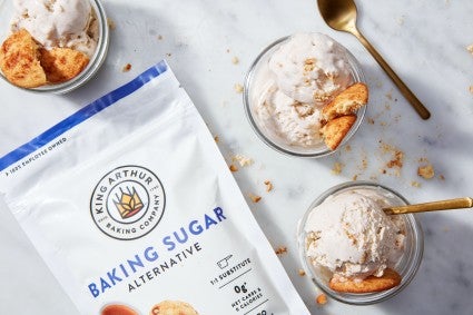 Bowls of Snickerdoodle Ice Cream made with Baking Sugar Alternative next to package of BSA