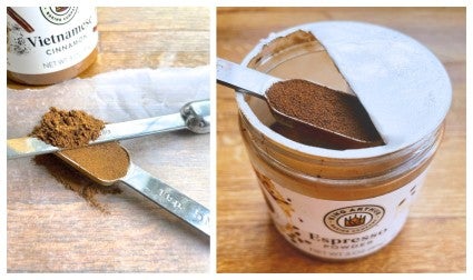 Side by side photos showing two ways to level a measuring spoon: by using the inner lining of the spice or other ingredients jar, or by using the straight edge of another measuring spoon.