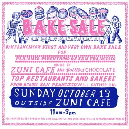 Pink and blue illustrated graphic advertising fundraising bake sale at Zuni Cafe