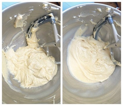 Two images of the same cake batter in a bowl, one smoother than the other to show how beating for an additional minute makes a difference.